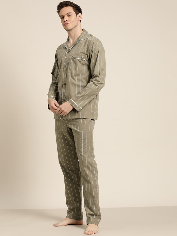 Men Grey Stripes Pure Cotton Regular Fit Night Wear Night Suit