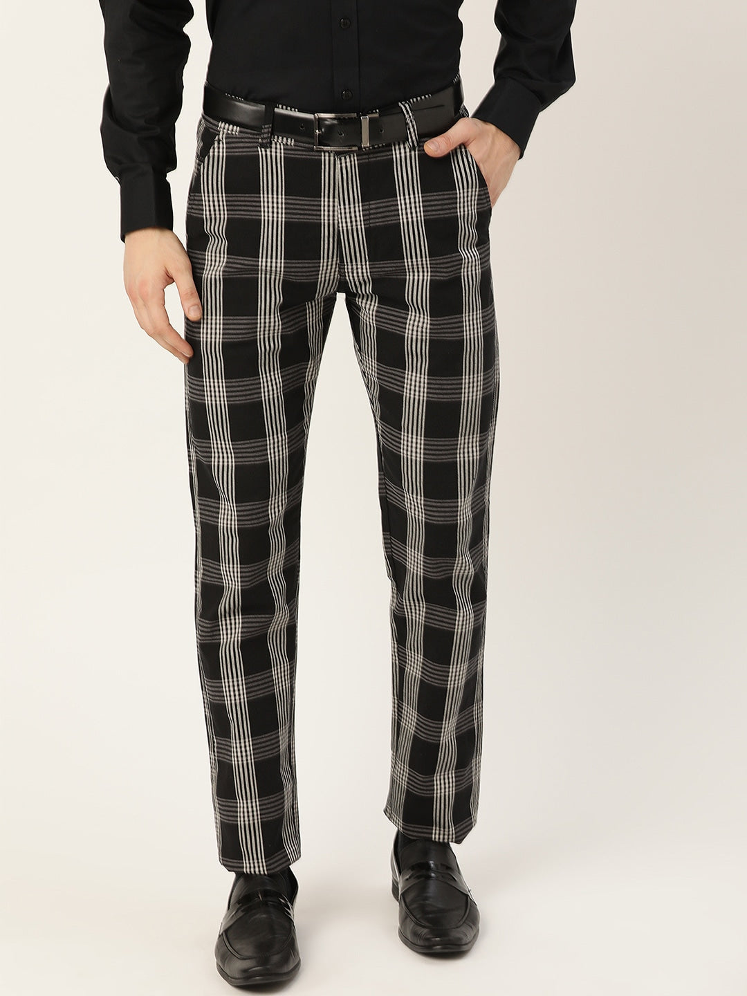 Men Black Checks Cotton Elastene Slim Fit Formal Trouser