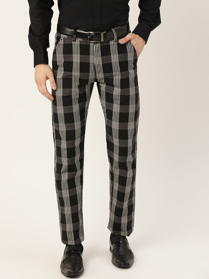 Men Black Checks Cotton Elastene Slim Fit Formal Trouser