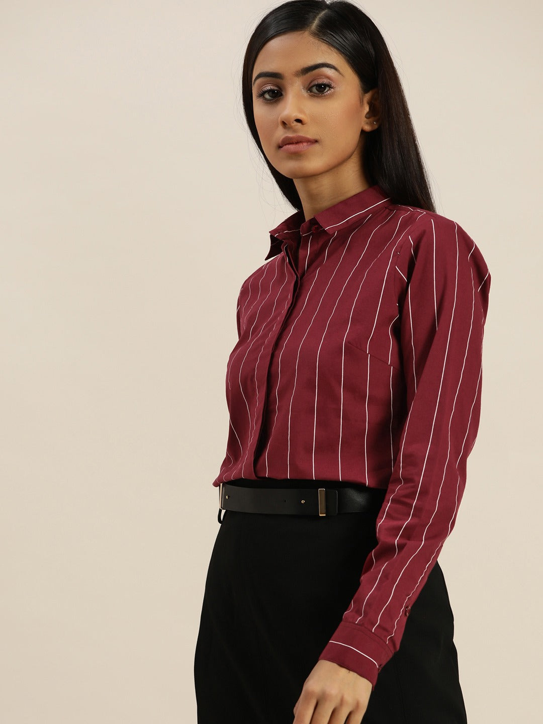 Women Maroon Striped Pure Cotton Slim Fit Formal Shirt