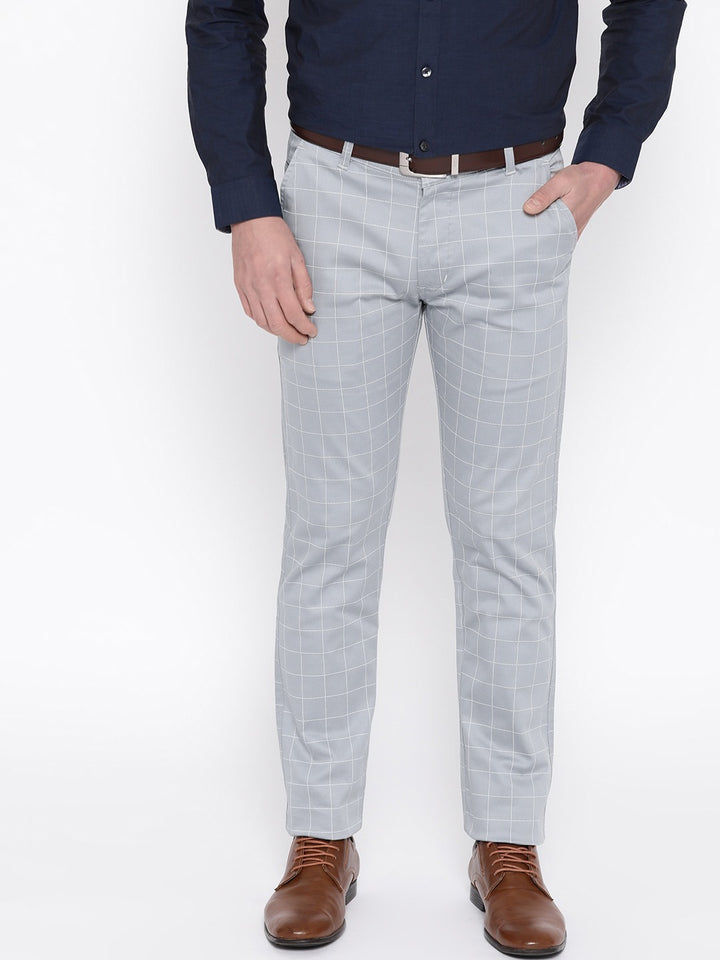 Men Light Grey Checked Cotton Stretch Slim Fit Formal Trouser