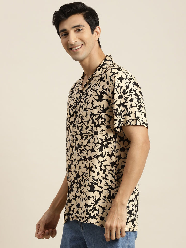 Men Black & Beige Printed Viscose Rayon Relaxed Fit Casual Resort Shirt