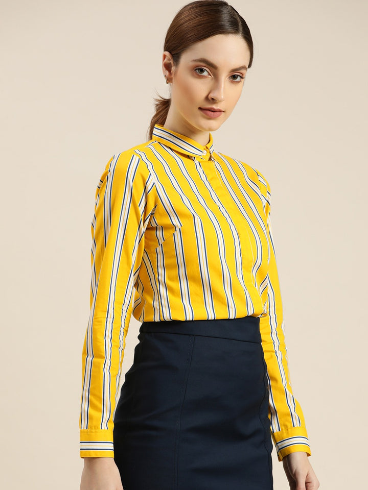 Women Yellow Striped Pure Cotton Slim Fit Formal Shirt