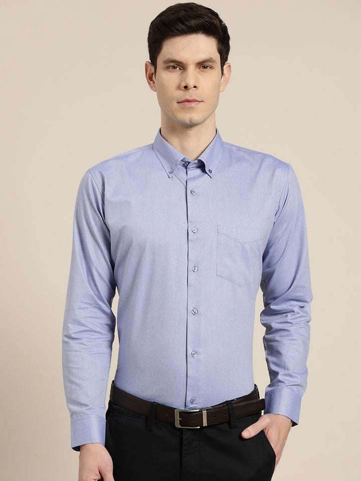 Men Sky Solid Chambray Button Down Collar Slim Fit Formal Shirt