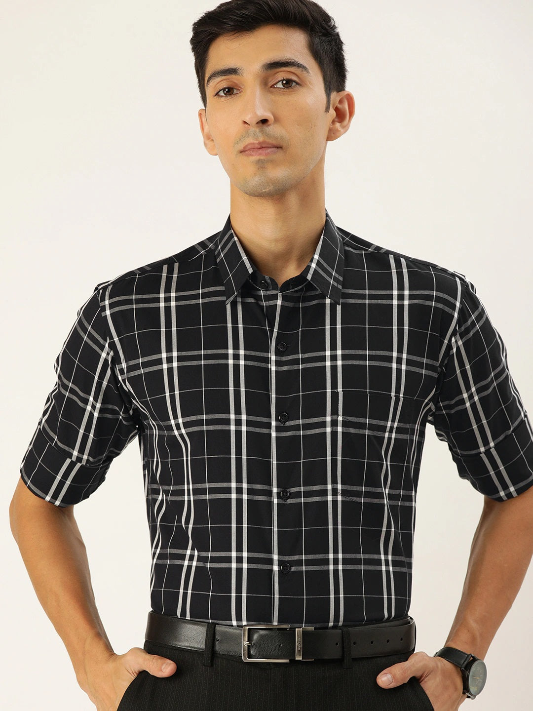 Men Black Checks Pure Cotton Slim Fit Formal Shirt