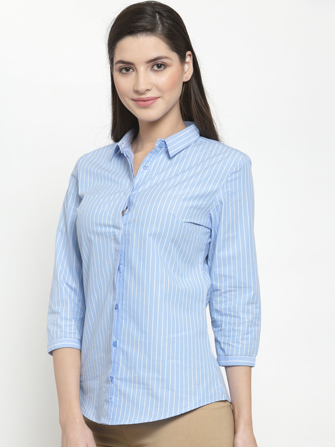 Women Blue Pure Cotton Striped Slim Fit Formal Shirt