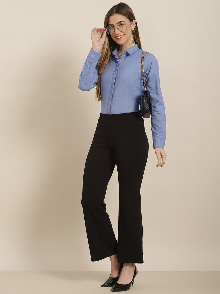 Women Blue Solid Chambray Self Design Cotton Slim Fit Formal Shirt