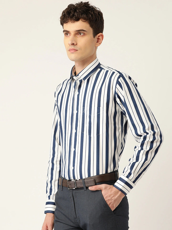 Men White & Navy Stripes Pure Cotton Slim Fit Formal Shirt