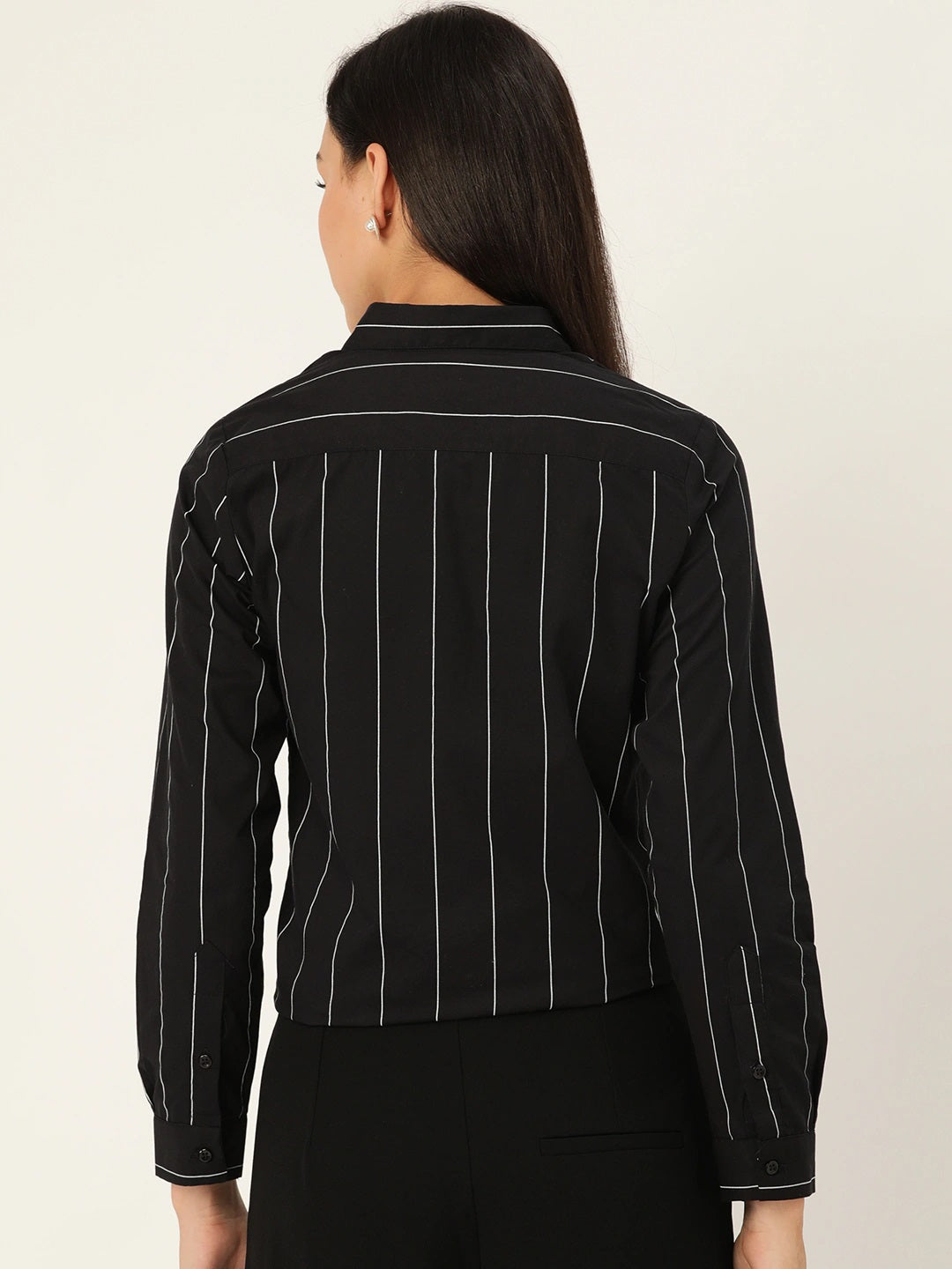 Women Black Stripes Pure Cotton Slim Fit Formal Shirt