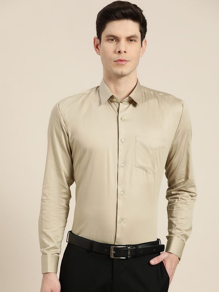 Men Beige Solid Satin French Cuff Pure Cotton Slim Fit Formal Shirt