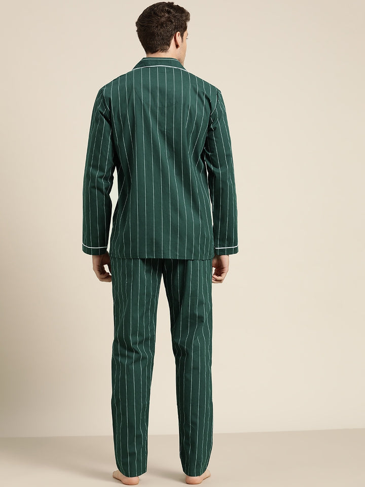 Men Bottle Green Stripes Pure Cotton Regular Fit Night Wear Night Suit