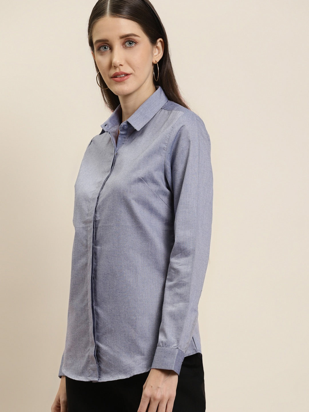 Women Navy Solid Chambray Cotton Rich Slim Fit Formal Shirt