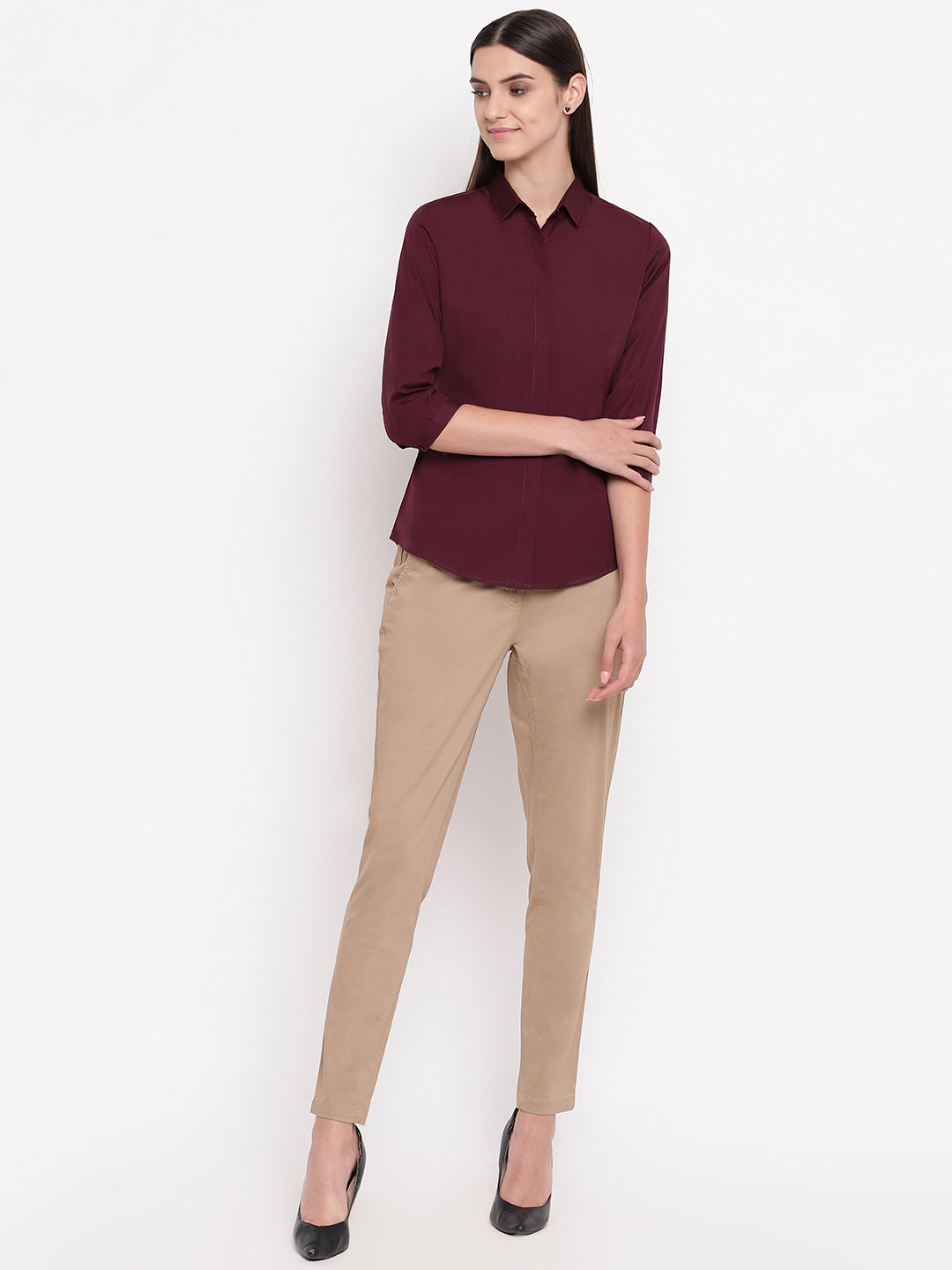 Women Wine Pure Cotton Solid Slim Fit Formal Shirt