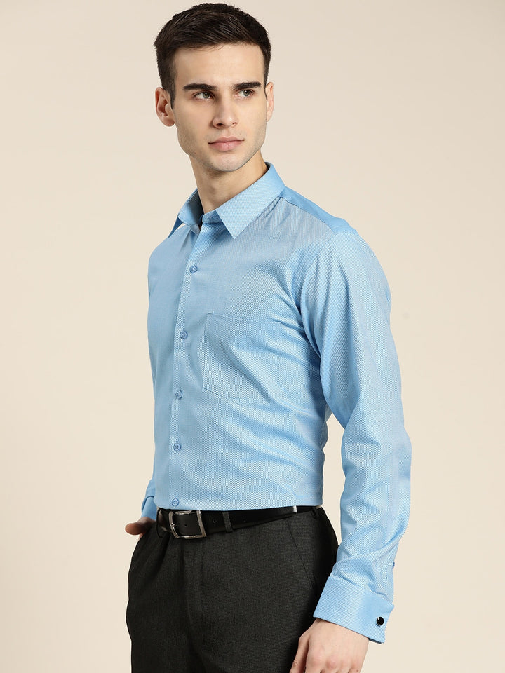 Men Blue Solid Self Design French Cuff Pure Cotton Slim Fit Formal Shirt