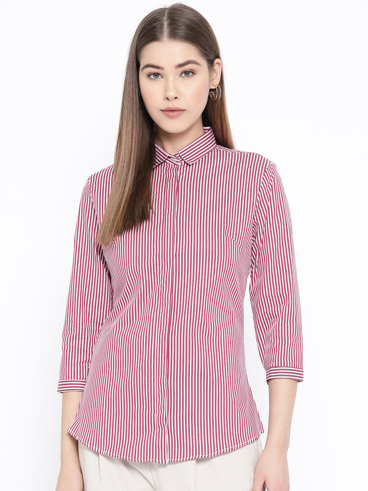 Women Red & white Pure Cotton Striped Slim Fit Formal Shirt