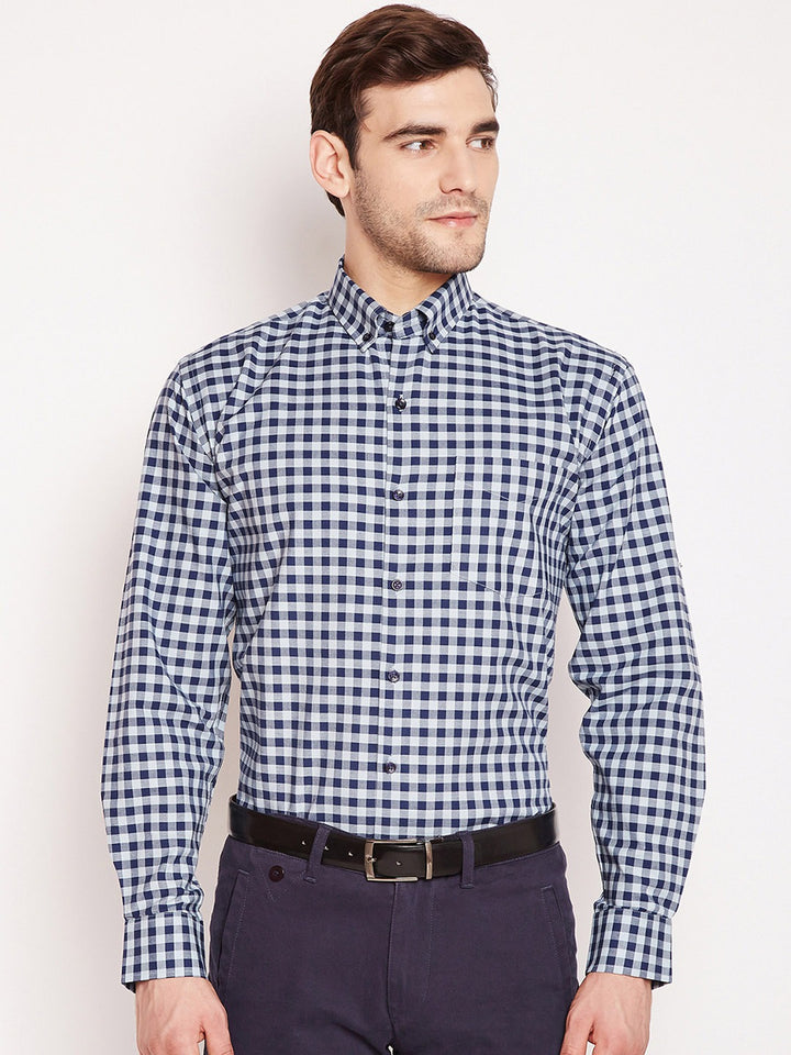 Men navy Checks Pure Cotton Slim Fit Formal Shirt