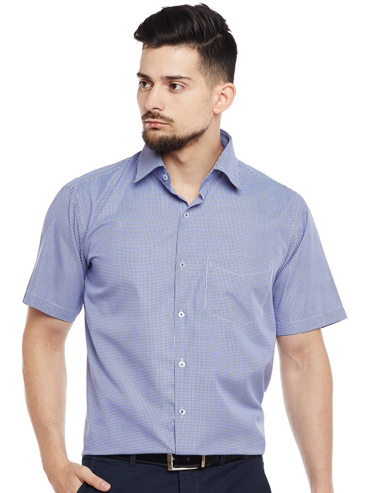 Men Blue & White Checked Regular Fit Formal Shirt