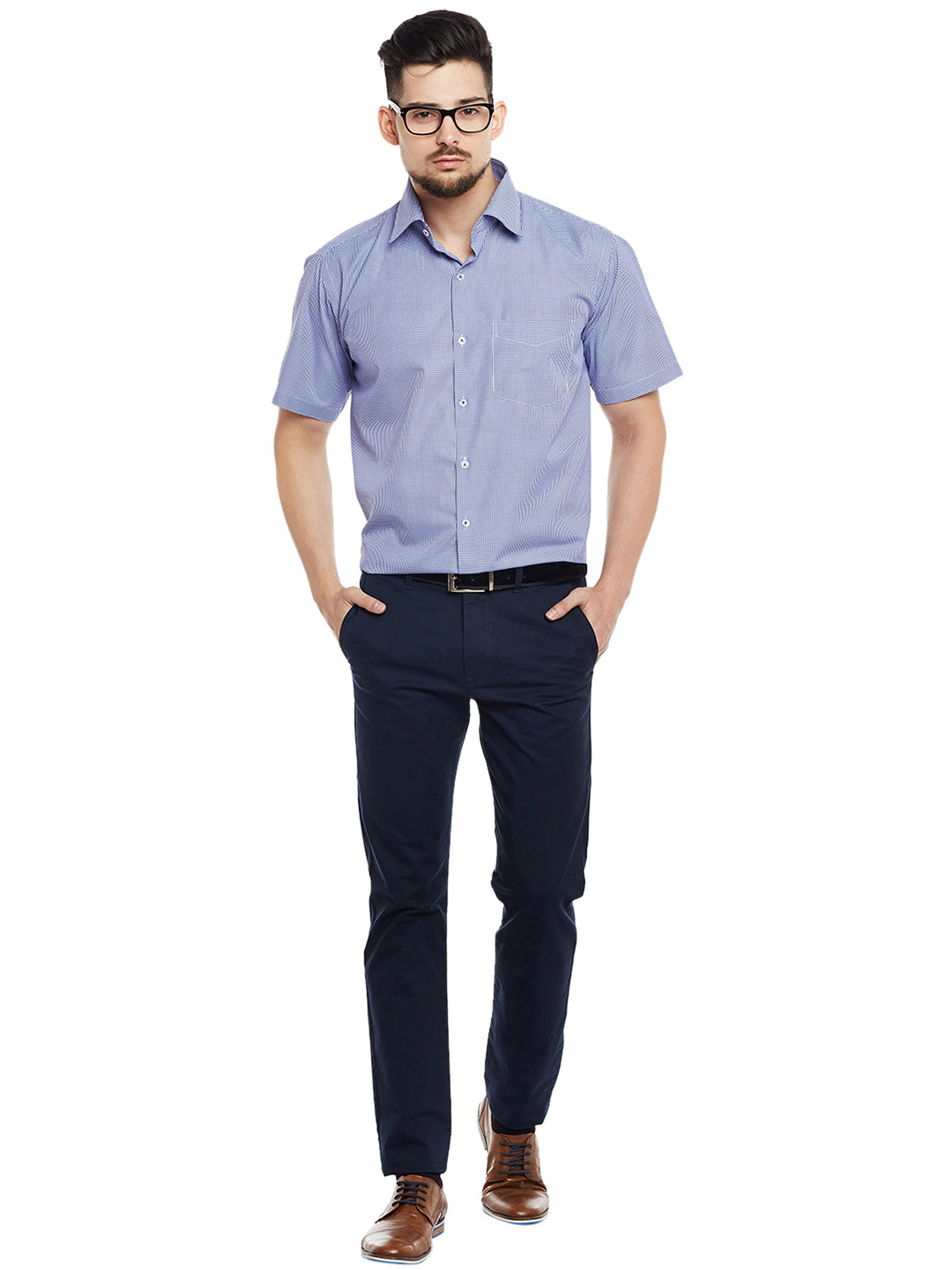 Men Blue & White Checked Regular Fit Formal Shirt