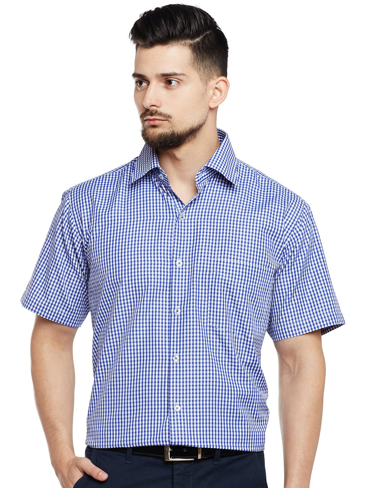 Men Blue & White Checked Regular Fit Formal Shirt