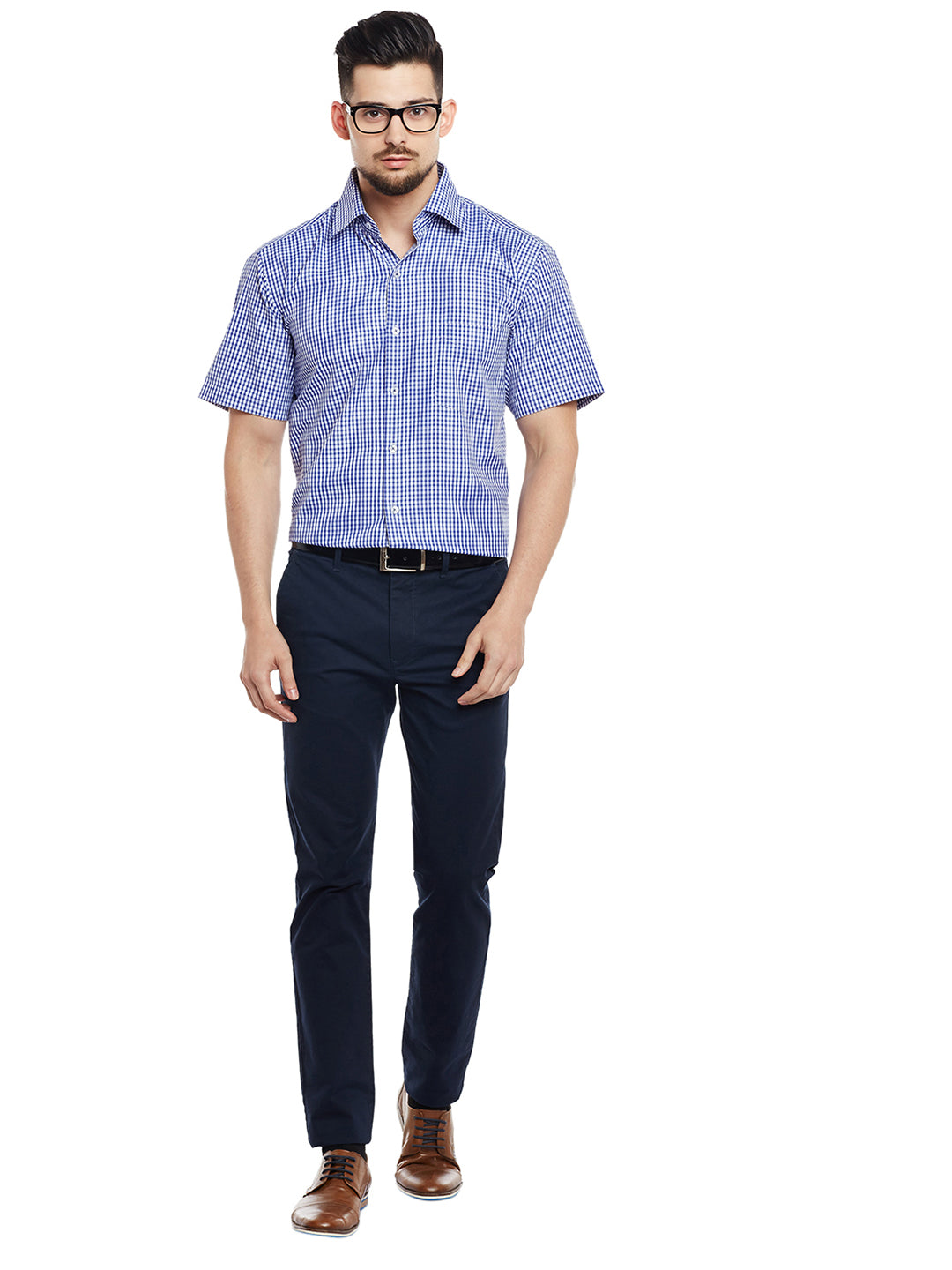 Men Blue & White Checked Regular Fit Formal Shirt