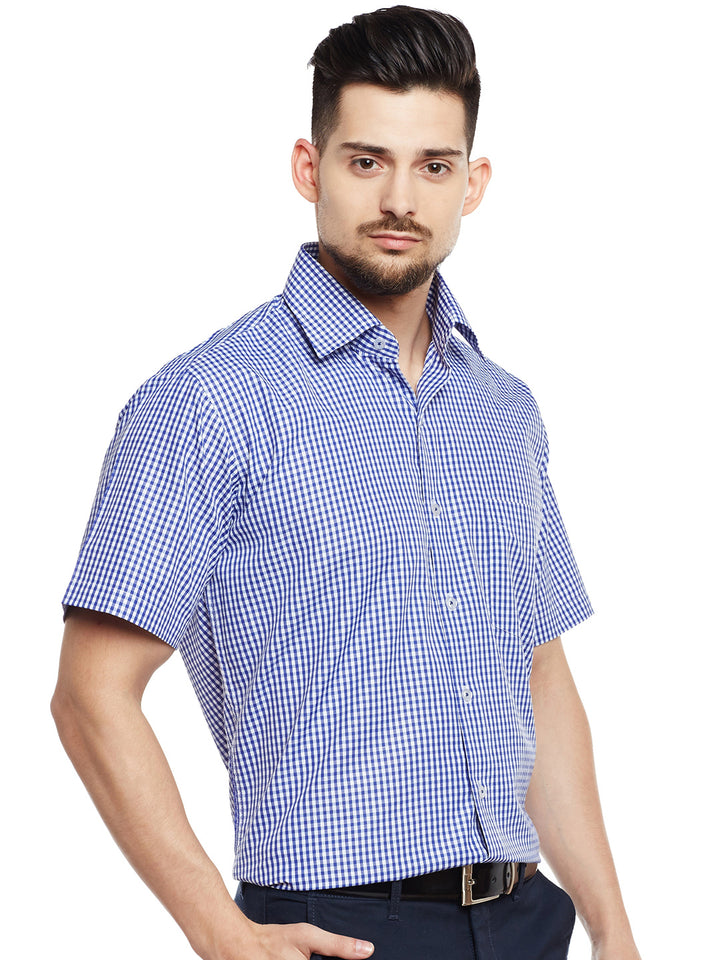 Men Blue & White Checked Regular Fit Formal Shirt