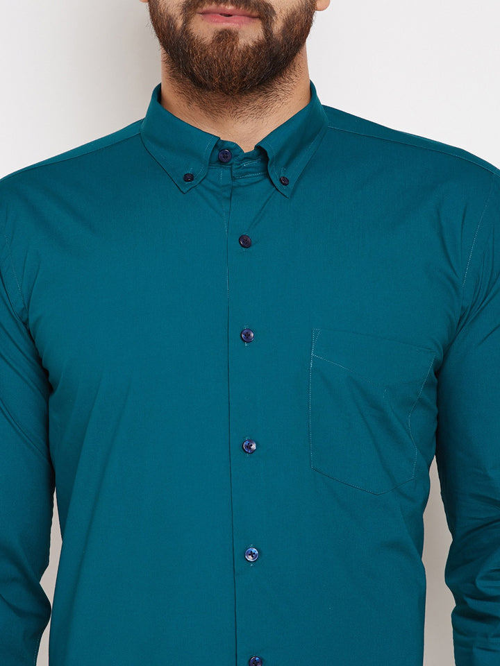 Men Bottle Green Solids Pure Cotton Slim Fit Formal Shirt