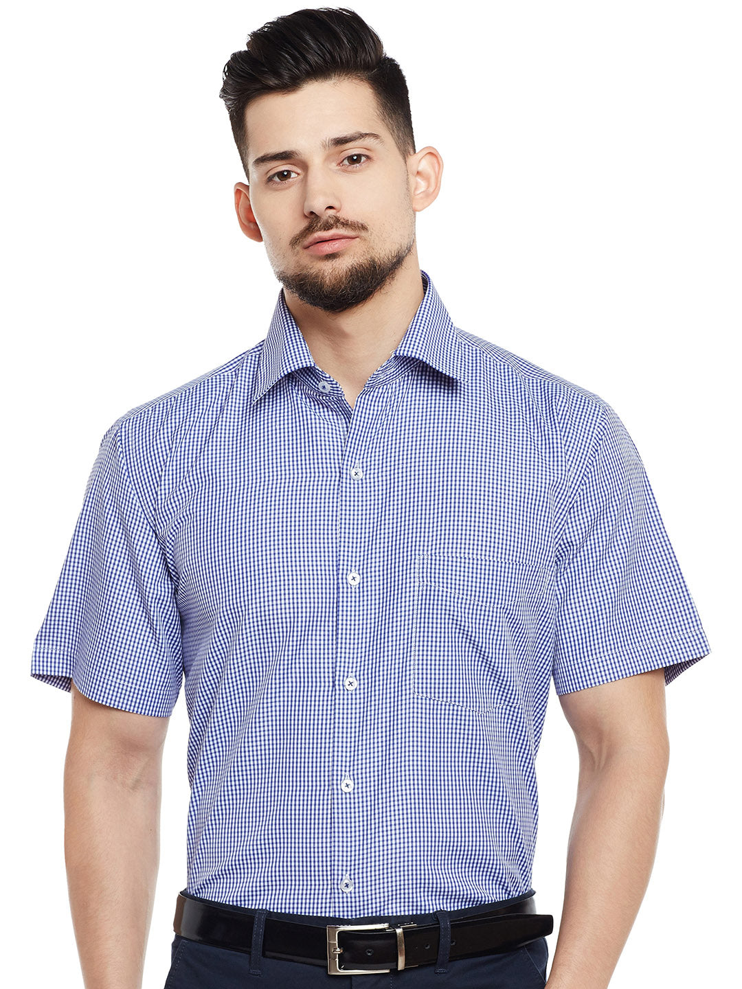 Men Blue & White Checked Regular Fit Formal Shirt
