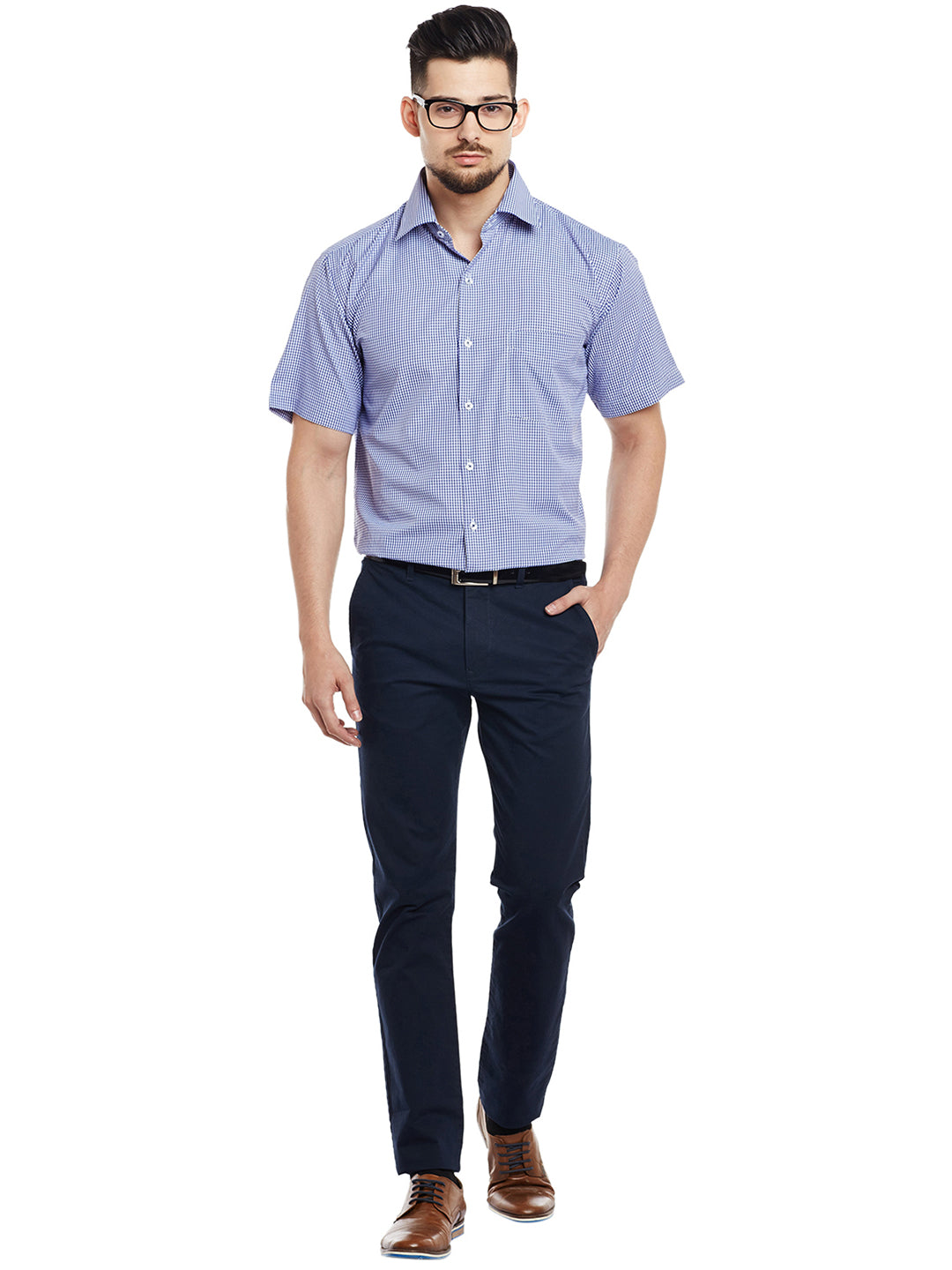 Men Blue & White Checked Regular Fit Formal Shirt