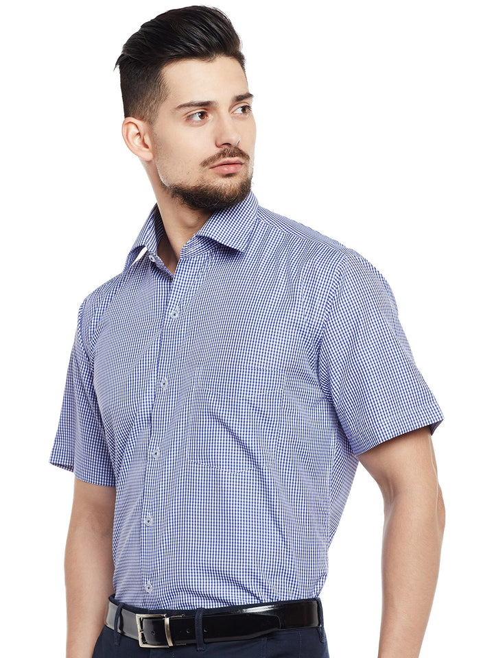 Men Blue & White Checked Regular Fit Formal Shirt