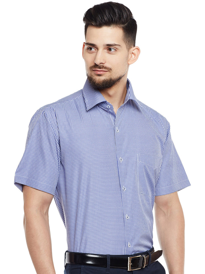 Men Blue & White Checked Regular Fit Formal Shirt