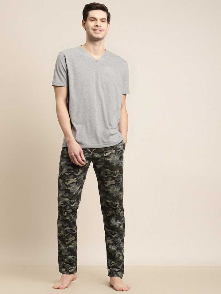 Men Grey-Olive Prints Pure Cotton Relaxed Fit Casual Lounge Pant