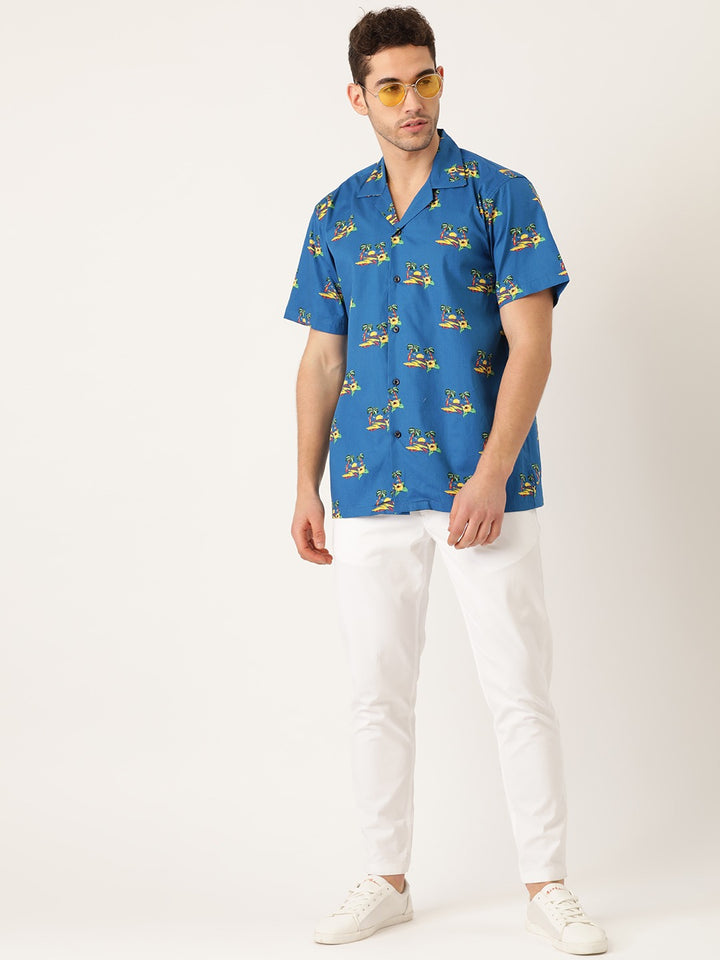 Men Blue Printed Pure Cotton Relaxed Fit Casual Resort Shirt