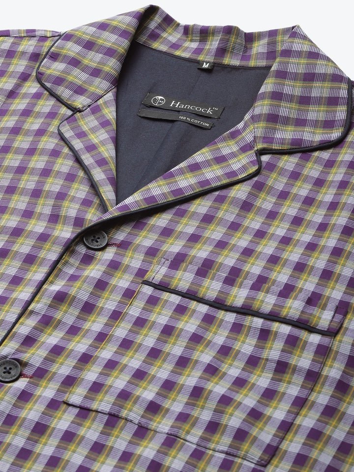 Men Purple Checks Pure Cotton Regular Fit Night Wear Night Suit