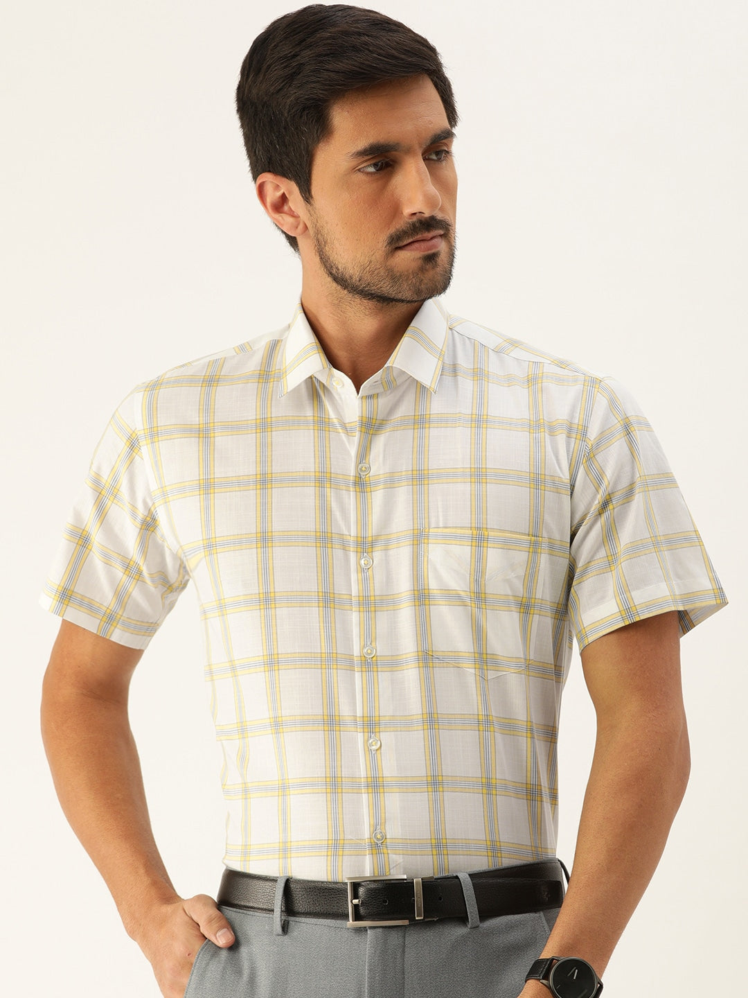 Men White & Yellow Checks Pure Cotton Slim Fit Formal Shirt