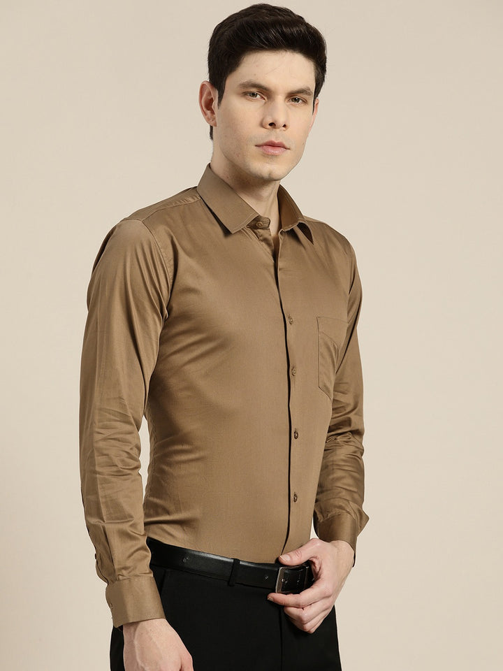 Men Brown Solid Pure Cotton Satin Slim Fit Formal Shirtt