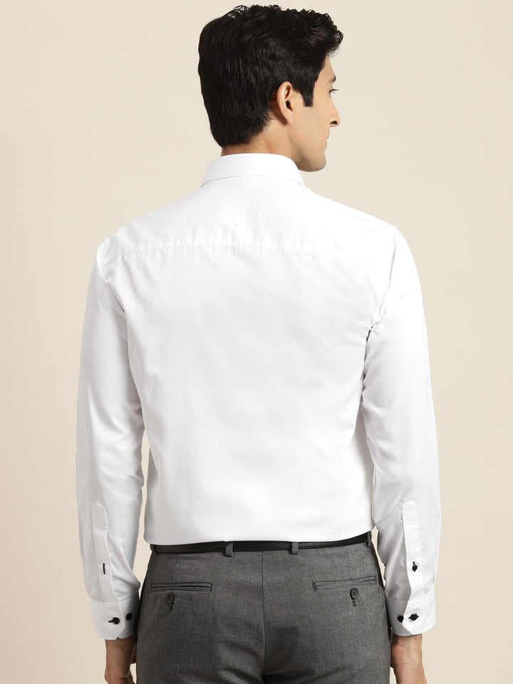 Men White Solid Black Buttons Pure Cotton Slim Fit Formal Shirt