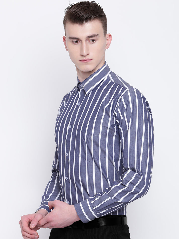 Men Grey & White Pure Cotton Striped Slim Fit Formal Shirt