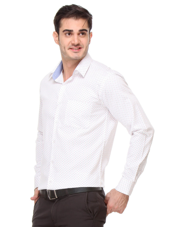 Men White Slim Fit Print Satin Pure Cotton Formal Shirt