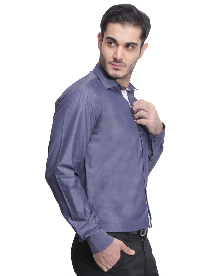 Men Grey Slim Fit Solid Chambray Pure Cotton Formal Shirt