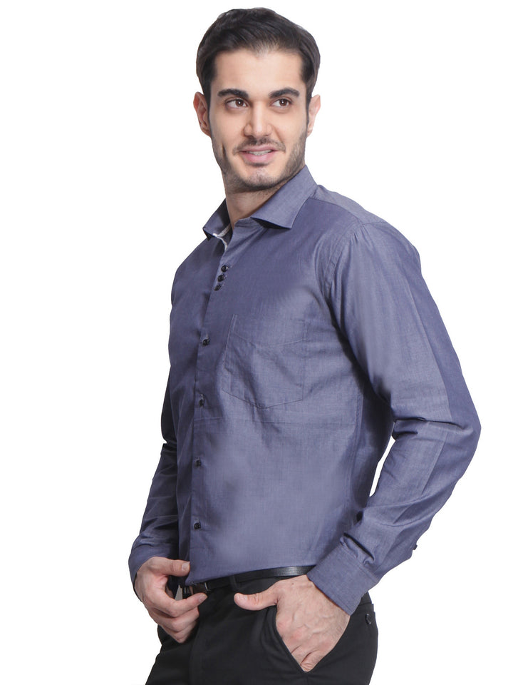 Men Grey Slim Fit Solid Chambray Pure Cotton Formal Shirt