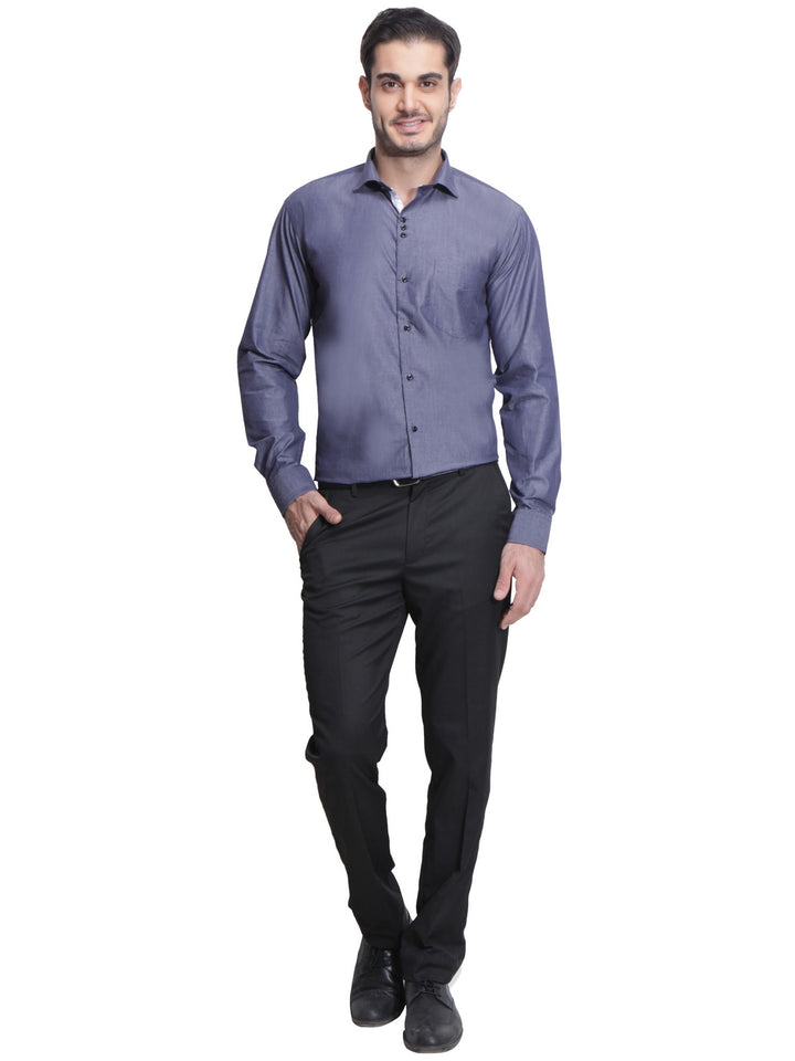 Men Grey Slim Fit Solid Chambray Pure Cotton Formal Shirt