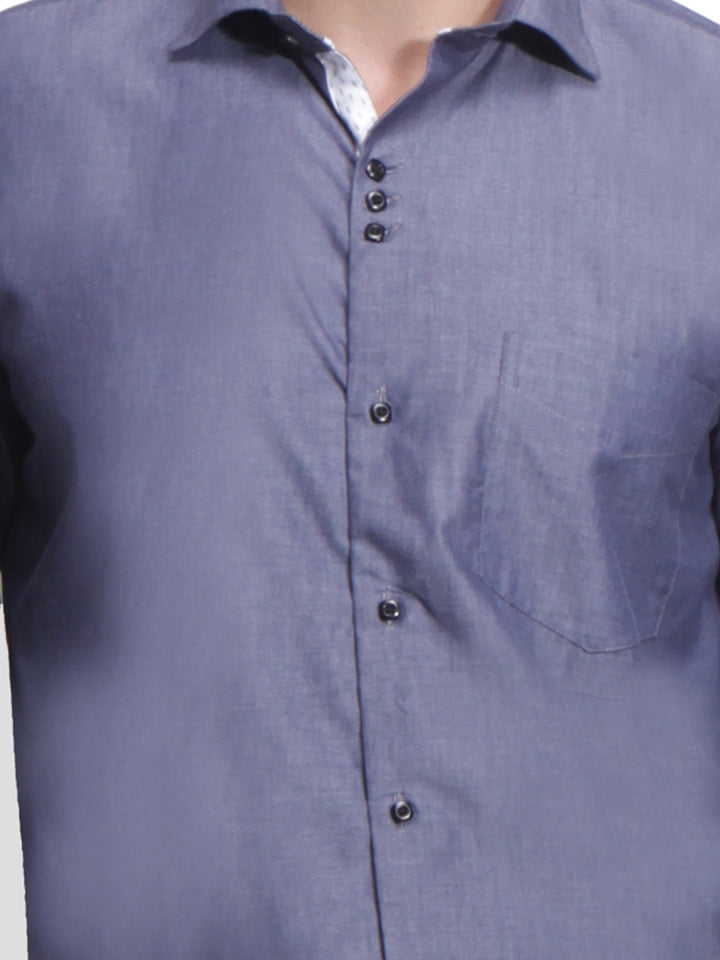 Men Grey Slim Fit Solid Chambray Pure Cotton Formal Shirt