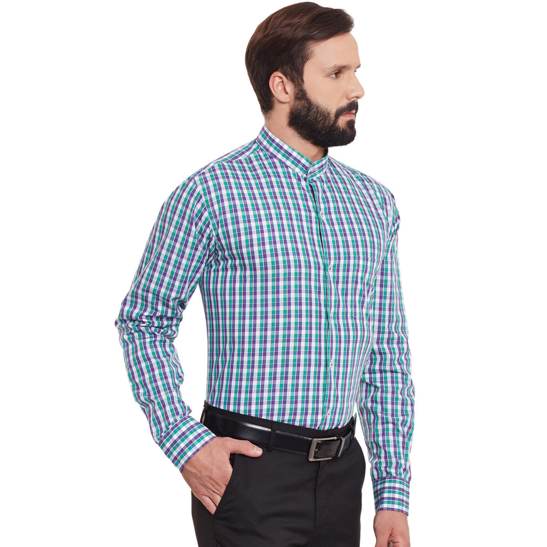 Men Purple and Green Checks Pure Cotton Slim Fit Formal Shirt
