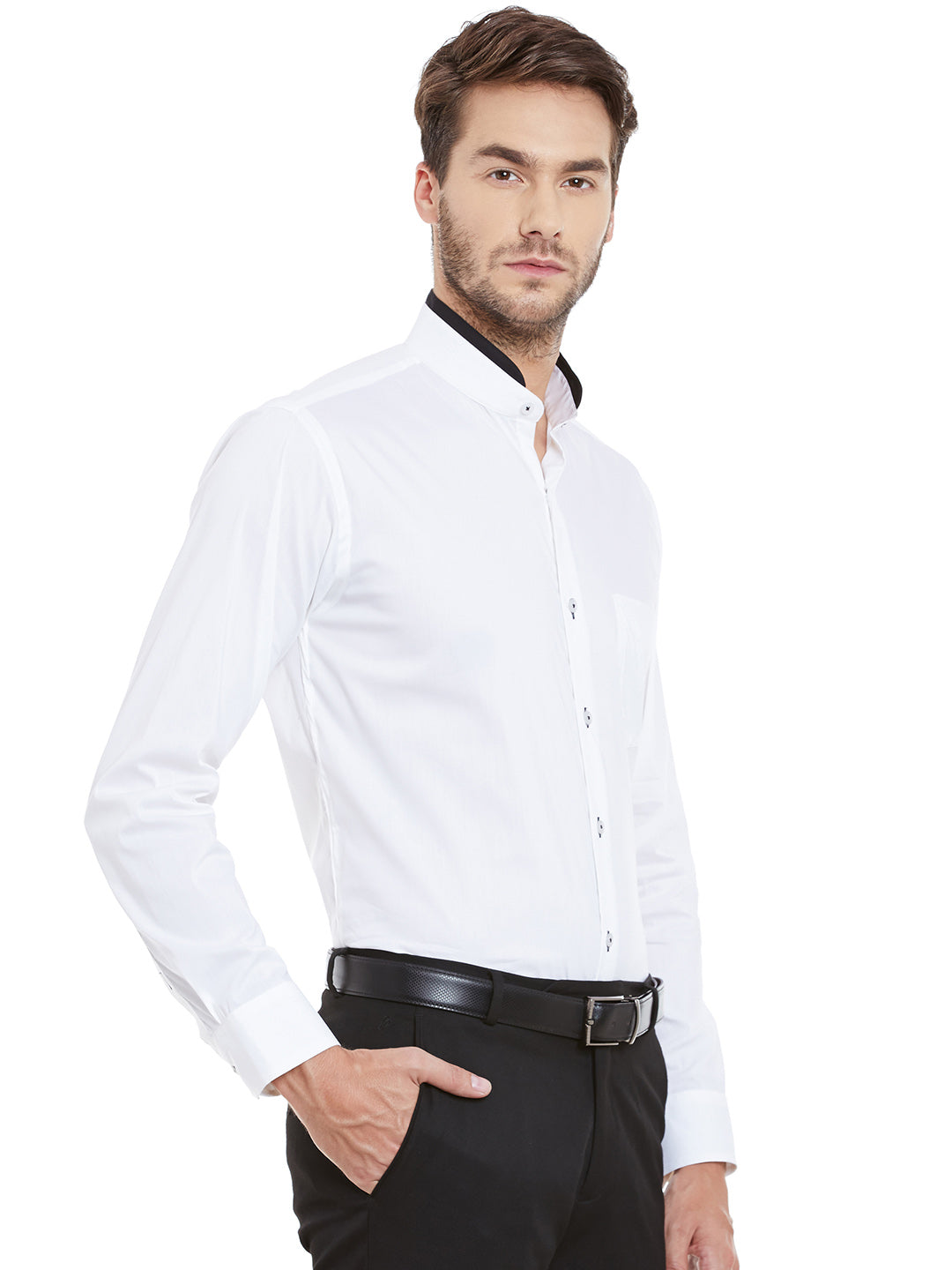 Men White Solid Cotton Spandex Slim Fit Formal Shirt