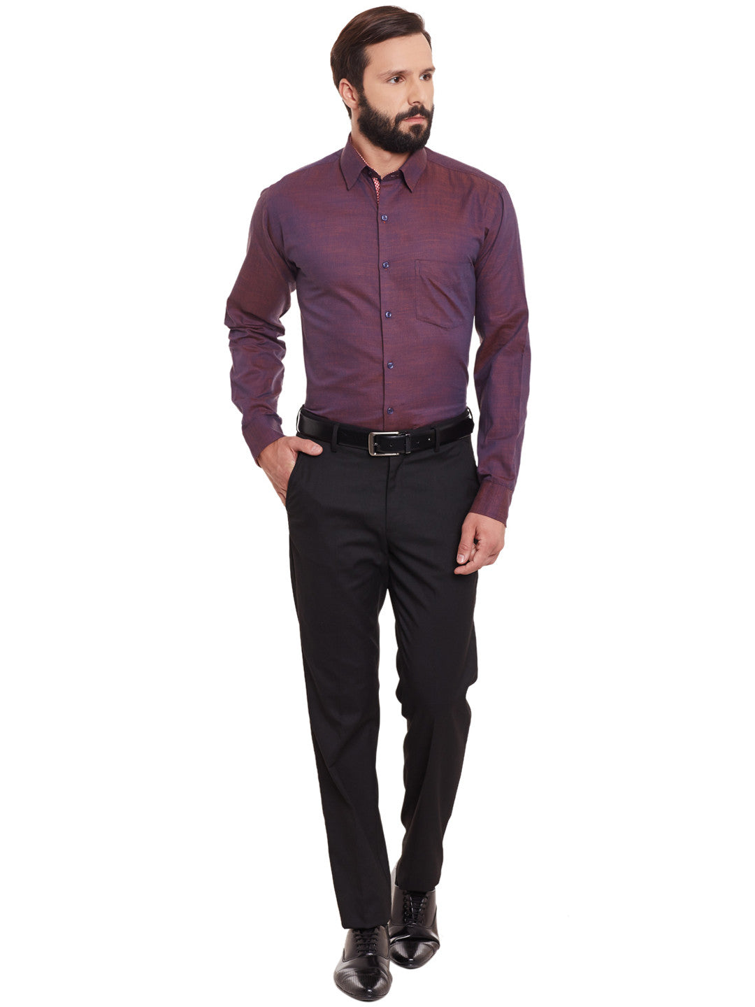 Men Wine Solid Pure Cotton Slim Fit Formal Shirt