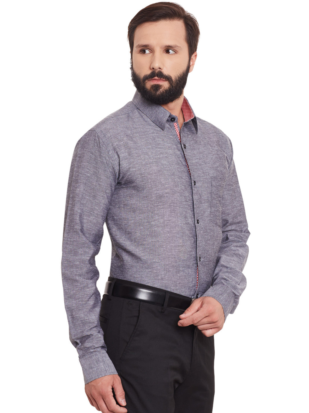 Men Grey Solid Linen Cotton Slim Fit Formal Shirt