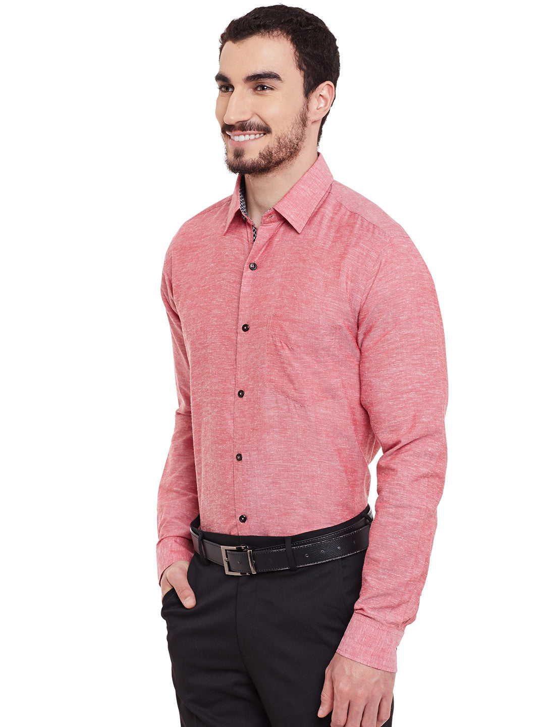 Men Red Solid Linen Cotton Slim Fit Formal Shirt