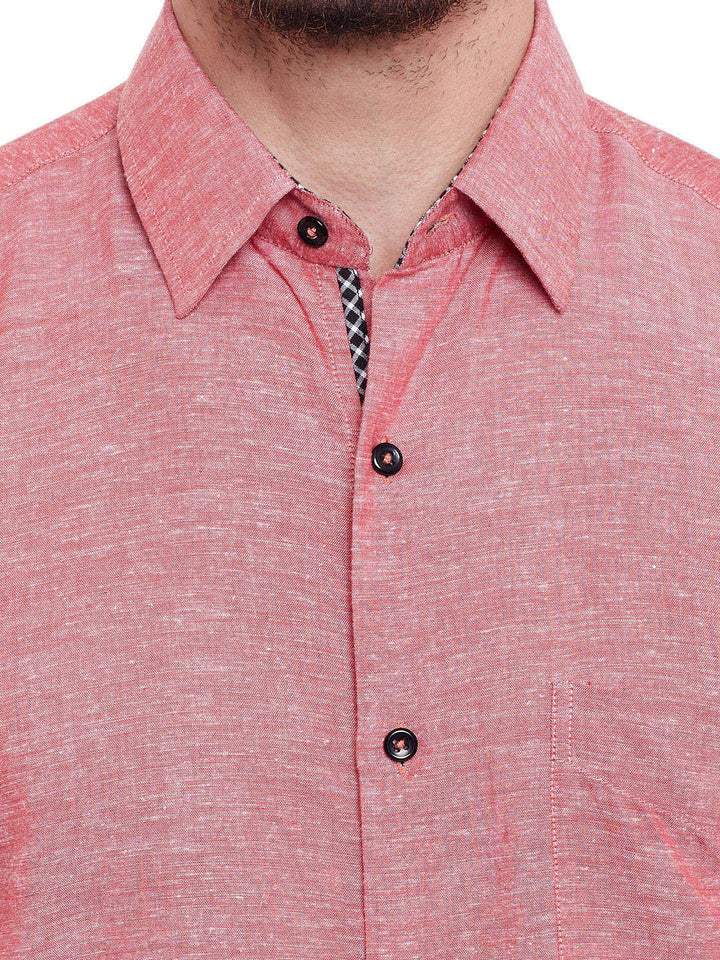 Men Red Solid Linen Cotton Slim Fit Formal Shirt