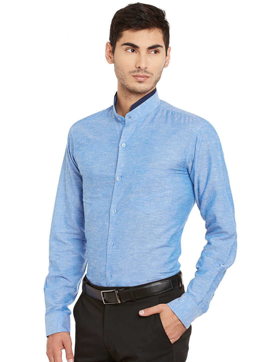 Men Blue Solid Linen Cotton Slim Fit Formal Shirt