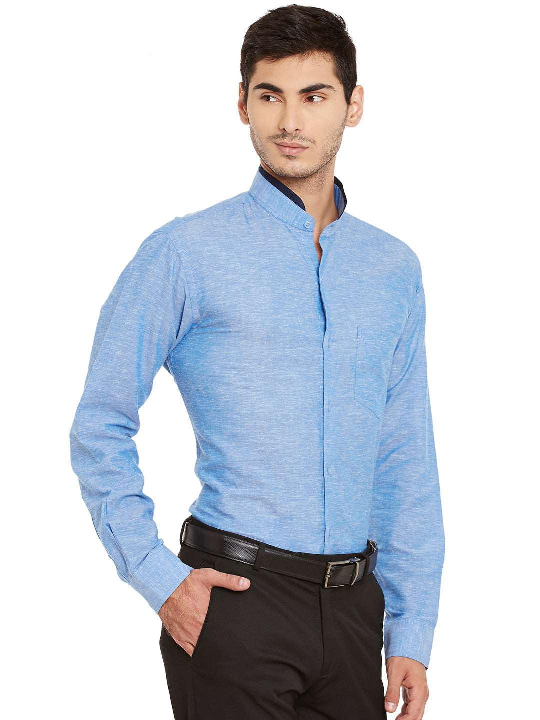 Men Blue Solid Linen Cotton Slim Fit Formal Shirt